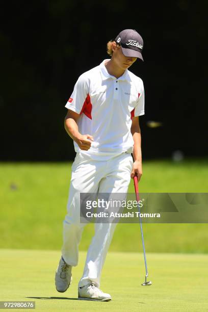 Nicolai Hojgaard of Denmark celebrates after making his birdie putt on the 9th hole during the second round of the Toyota Junior Golf World Cup at...