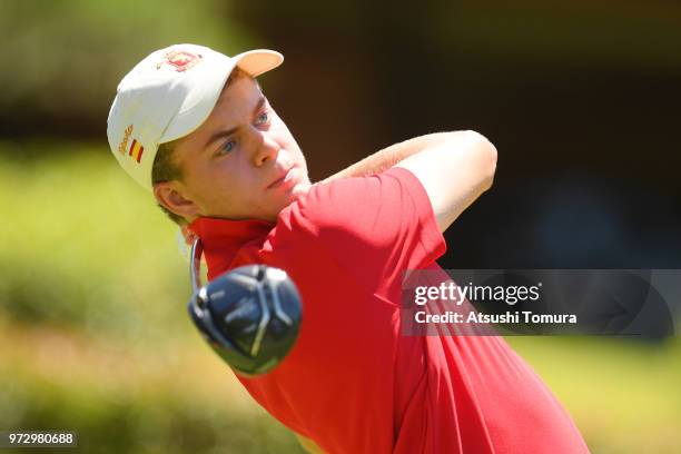 Eduard Rousaud Sabate of Spain hits his tee shot on the 1st hole during the second round of the Toyota Junior Golf World Cup at Chukyo Golf Club on...