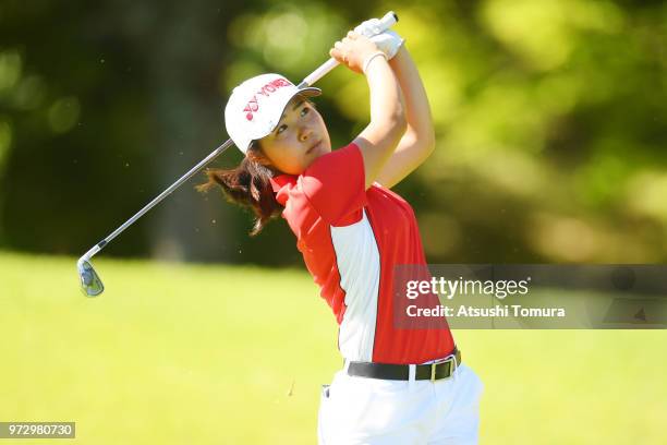 Ayaka Furue of Japan hits her tee shot on the 2nd hole during the second round of the Toyota Junior Golf World Cup at Chukyo Golf Club on June 13,...