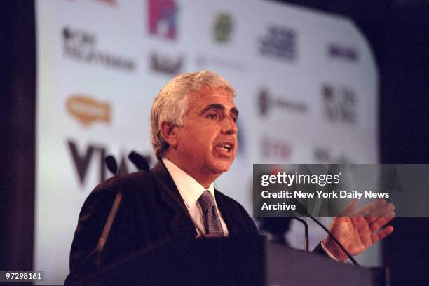 Chief executive Mel Karmazin announcing $38 billion merger of the two companies at news conference at the St. Regis Hotel.