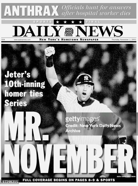 Daily News front page headline Nov. 1 Derek Jeter as "Mr. November" during game 4 of 2001 World Series., Jeter's 10th-inning homer ties Series