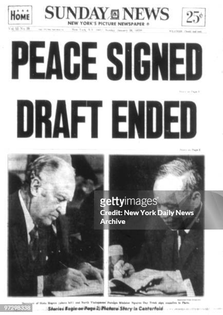 New York Daily News front page January 28 Headline: Peace Signed Draft Ended, Vietnam War ends with ceasefire