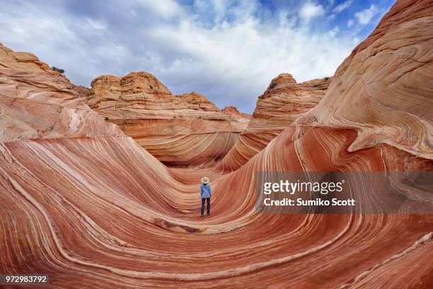 female hiker in coyote buttes north, vermilion cliffs national monument, arizona - parco nazionale foto e immagini stock