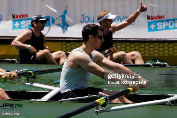 Oxford rowing teams celebrates afetr win the Reggia Challenge Cup 2018 against Oxford Team in the Dolphins Fountain at the Park of the Reggia of...