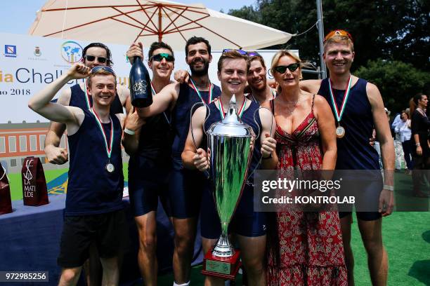 Oxford rowing teams celebrates after win the Reggia Challenge Cup 2018 in the Dolphins Fountain at the Park of the Reggia of Caserta, Italy.