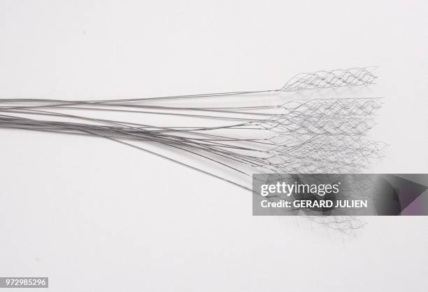 This picture taken on June 7, 2018 in the production unit of stents and catheters of the BALT company in Montmorency shows a bunch of stents "Catch"....