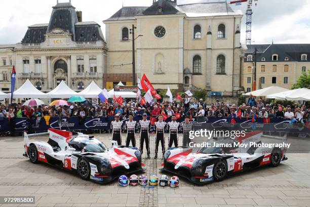 Toyota Gazoo Racing group photograph with Fernando Alonso of Spain, Kazuki Nakajima of Japan, Sebastien Buemi of Switzerland, Mike Conway of Great...