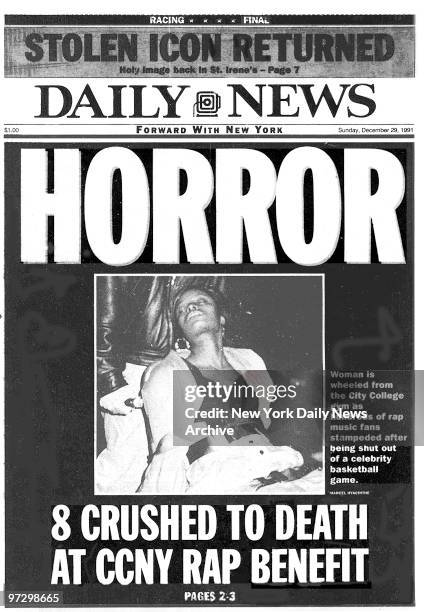 Front page for Sunday, December 29 reading "Horror," about the CCNY rap concert which Sean "Puffy" Combs had promoted and at which 8 were crushed to...