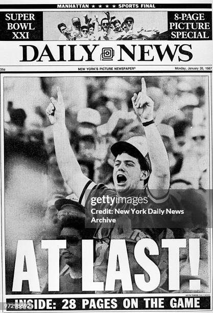 New York Daily News front page headline dated January 26 AT LAST!, Super Bowl XXI, New York Giants 39, Denver Broncos 20 ,