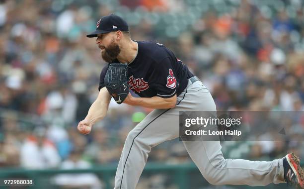 Corey Kluber of the Cleveland Indians pitches during the sixth inning of the game against the Detroit Tigers at Comerica Park on June 10, 2018 in...