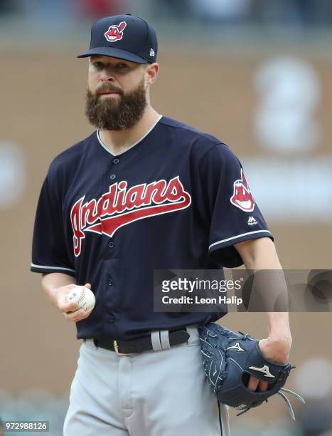 Corey Kluber of the Cleveland Indians pitches during the sixth inning of the game against the Detroit Tigers at Comerica Park on June 10, 2018 in...