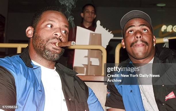 Cecil Fielder and Bobby Bonilla take a break during the Bobby Bonilla/Budweiser All Star Bowling Classic benefiting the National Hispanic Scholarship...