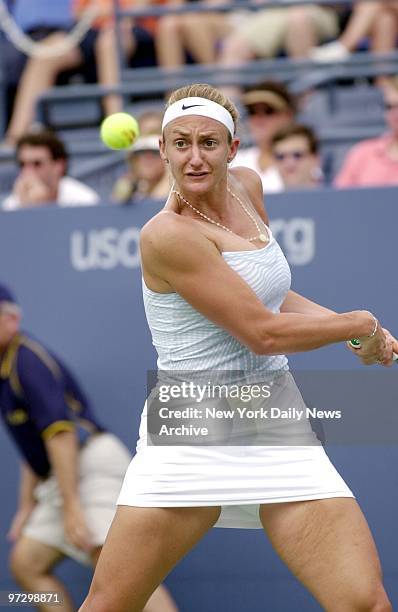 Mary Pierce keeps her eye on the ball as she hits a return in her third-round match against Magdalena Maleeva in the U.S. Open at Flushing Meadows....