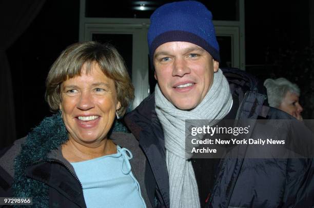 Matt Damon and his mother, Nancy Carlsson-Paige, a professor at Lesley University, are at LINK Restaurant for the opening night party for the play...