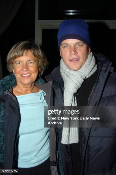 Matt Damon and his mother, Nancy Carlsson-Paige, a professor at Lesley University, are at LINK Restaurant for the opening night party for the play...