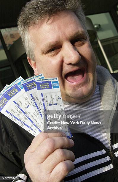 Matty Boyle of Monroe, N.Y., is cheering already after purchasing tickets to Sunday's NFC championship game between the New York Giants and the...