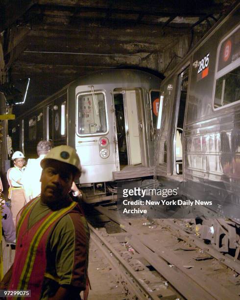 Third car of a southbound B train jumped the track and slammed into the tunnel wall at DeKalb Ave. Station just after 10 p.m. Last night. Some of the...