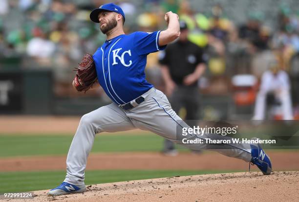 Danny Duffy of the Kansas City Royals pitches against the Oakland Athletics in the bottom of the first inning at the Oakland Alameda Coliseum on June...