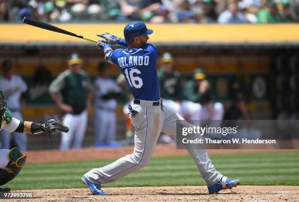 Paulo Orlando of the Kansas City Royals bats against the Oakland Athletics in the top of the fourth inning at the Oakland Alameda Coliseum on June 9,...