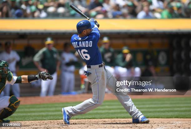 Paulo Orlando of the Kansas City Royals bats against the Oakland Athletics in the top of the fourth inning at the Oakland Alameda Coliseum on June 9,...