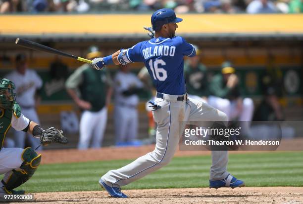 Paulo Orlando of the Kansas City Royals bats against the Oakland Athletics in the top of the fourth inning at the Oakland Alameda Coliseum on June 9,...