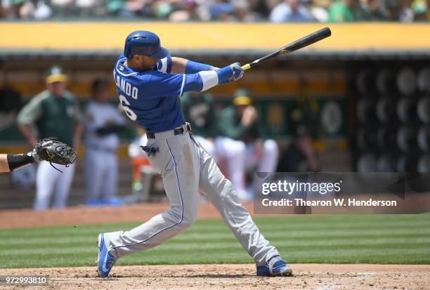 Paulo Orlando of the Kansas City Royals bats against the Oakland Athletics in the top of the fourth inning at the Oakland Alameda Coliseum on June 9,...