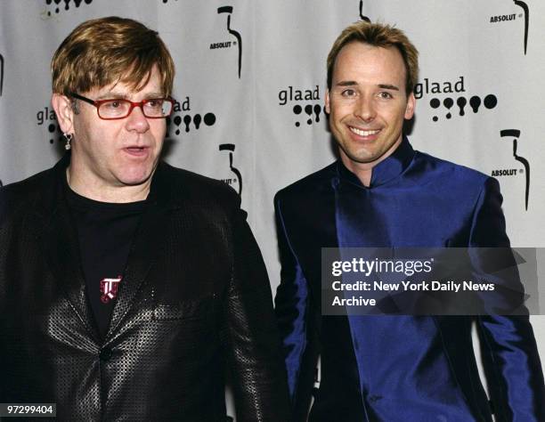 Singer Elton John with friend David Furnish at the 11th Annual Gay and Lesbian Alliance Against Defamation's Media Awards Gala at the New York...