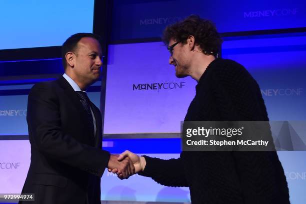 Dublin , Ireland - 13 June 2018; An Taoiseach Leo Varadkar, T.D, left, and Paddy Cosgrave, CEO, Web Summit, on Centre Stage Stage during day two of...