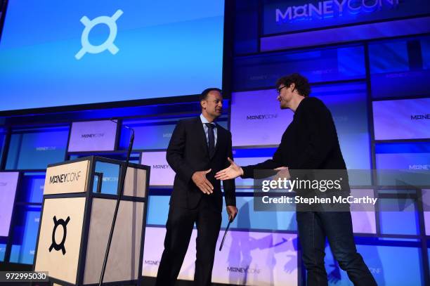 Dublin , Ireland - 13 June 2018; An Taoiseach Leo Varadkar, T.D, left, and Paddy Cosgrave, CEO, Web Summit, on Centre Stage Stage during day two of...