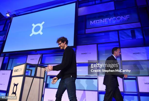 Dublin , Ireland - 13 June 2018; Paddy Cosgrave, CEO, Web Summit, left, and An Taoiseach Leo Varadkar, T.D, on Centre Stage Stage during day two of...