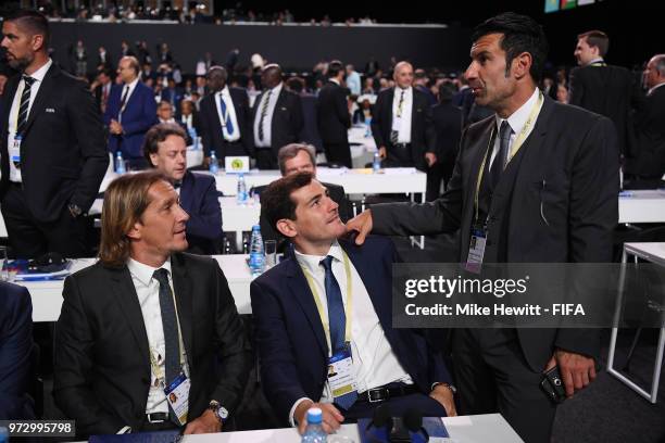 Former players Miguel Salgado, Iker Casillas and Luis Figo attend the 68th FIFA Congress at the Moscow Expocentre on June 13, 2018 in Moscow, Russia.