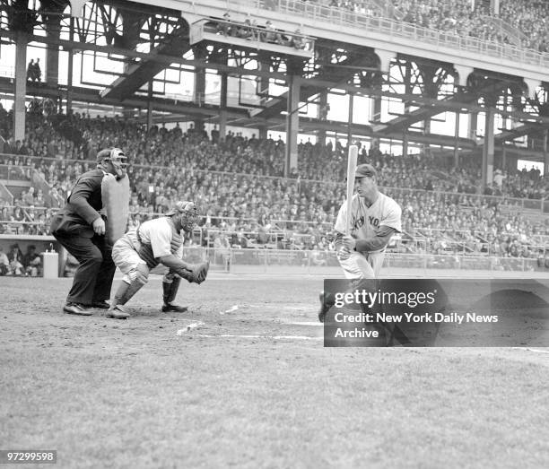 New York Yankees' Lou Gehrig makes a hefty but vain attempt to pole one out of the park in Yankee-Dodger exhibition game at Ebbets Field. Chervenko's...