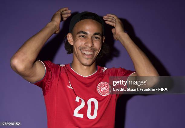 Yussuf Yurary Poulsen of Denmark poses for a picture during the official FIFA World Cup 2018 portrait session at on June 12, 2018 in Anapa, Russia.