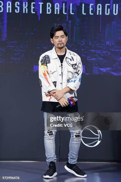 Singer Jay Chou attends a press conference announcing the founding of the JYB basketball league on June 12, 2018 in Beijing, China.