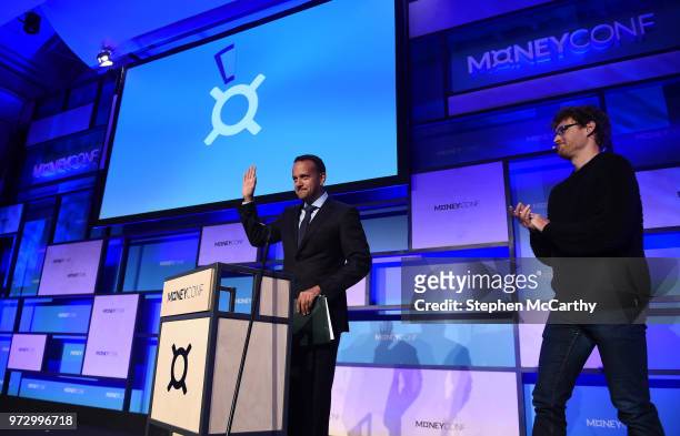 Dublin , Ireland - 13 June 2018; An Taoiseach Leo Varadkar, T.D, left, and Paddy Cosgrave, CEO, Web Summit, on Centre Stage Stage during day two of...