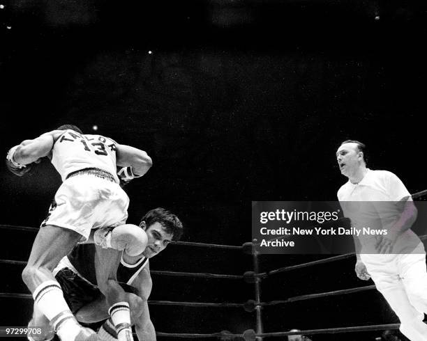 Daily News Golden Gloves at Madison Square Garden. Jose Serrano of Telstar AC , who lost to Alphonso Taylor, United Block Assn., in 126 Sub-Novice...