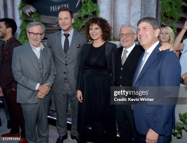 Executive producer Steven Spielberg, actor Chris Pratt, Donna Langley, Chairman, Universal Pictures, Ron Meyer, Vice Chairman, NBCUniversal and Jeff...