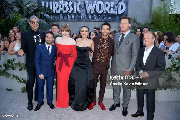 Actor Jeff Goldblum, director J.A. Bayona, actors Bryce Dallas Howard, Daniella Pineda, Justice Smith, Chris Pratt and Toby Jones arrives at the...