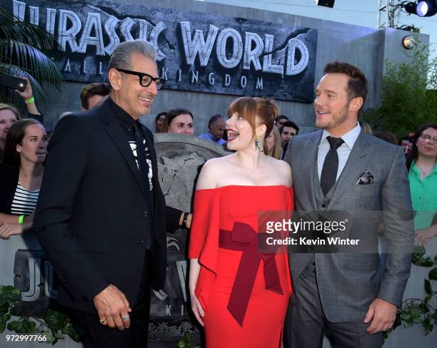 Actors Jeff Goldblum, Bryce Dallas Howard and Chris Pratt arrive at the premiere of Universal Pictures and Amblin Entertainment's "Jurassic World:...