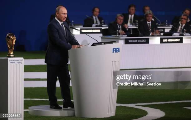 Russian President Vladimir Putin gives a speech during the 68th FIFA Congress at the Moscow Expocentre on June 13, 2018 in Moscow, Russia.