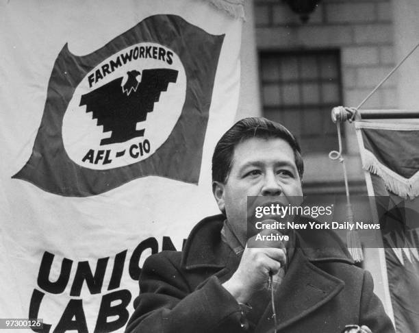 Cesar Chavez speaking to demonstrators in Foley Square before entering the Federal Building to file a lawsuit against the Department of Defense for...