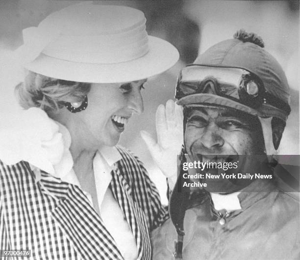 Jockey Angel Cordero Jr. With Marylou Whitney at Saratoga Racetrack.