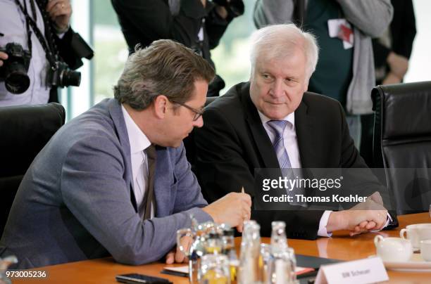 German Transport Minister Andreas Scheuer and Interior Minister Horst Seehofer attend the Weekly Government Cabinet Meeting on June 13, 2018 in...