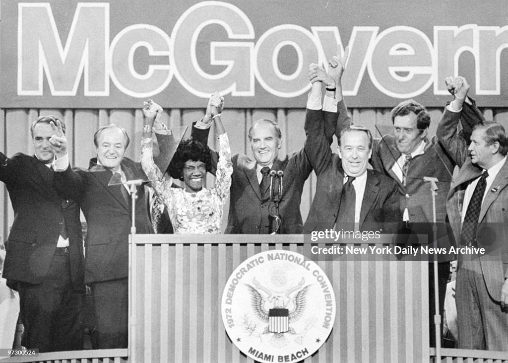 Thomas Eagleton (l. to r.), Hubert Humphrey, Shirley Chishol
