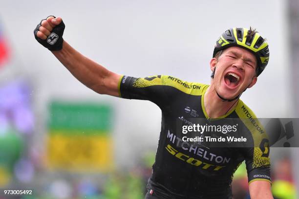 Arrival / Christopher Juul Jensen of Denmark and Team Mitchelton-Scott / Celebration / Rain / during the 82nd Tour of Switzerland 2018, Stage 4 a...