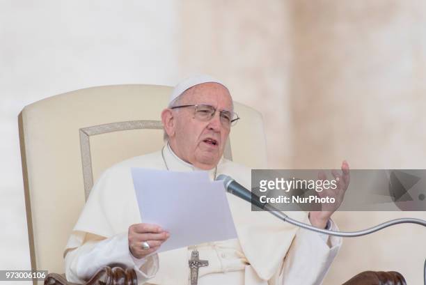 Pope Francis attends his weekly general audience, in St. Peter's Square, at the Vatican, Wednesday, June 13, 2018.