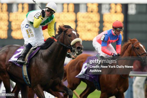 Jockey Garrett Gomez , riding Artie Schiller, passes third-place finisher Gorella , ridden by jockey Gary Stevens, to win the $1 925 Breeders' Cup...