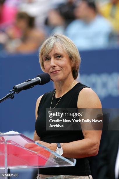 Martina Navratilova speaks during her retirement ceremony at Arthur Ashe Stadium in Flushing Meadows-Corona Park. After winning her 59th Grand Slam...