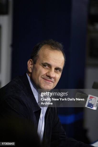 New York Yankees' manager Joe Torre smiles as he answers questions at a Yankee Stadium news conference a day after his team won the American League...