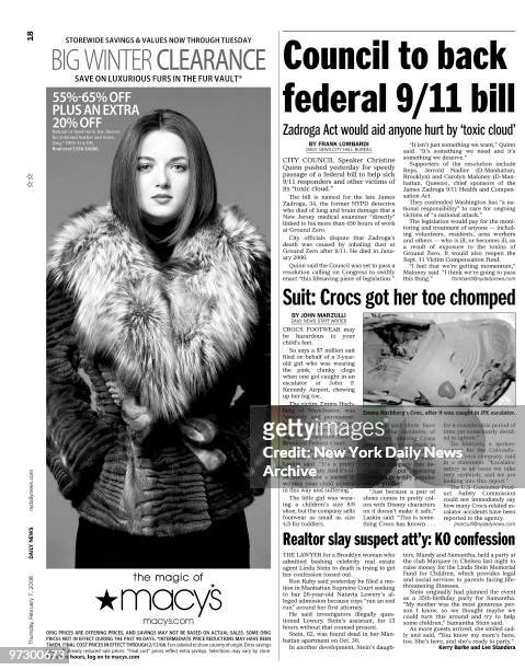 Daily News page 18 dated Feb. 7 Headline: Council to back federal 9/11 bill, Zadroga Act would aid anyone hurt by "toxic could", James Zadroga, Suit:...